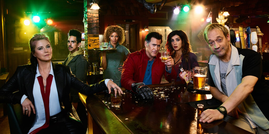 lucy-lawless-ray-santiago-michelle-hurd-bruce-campbell-dana-delorenzo-and-ted-raimi-in-ash-vs-evil-dead-season-2