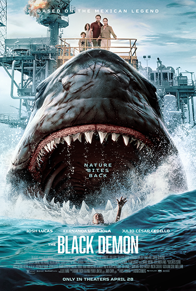 The Black Demon movie poster with Josh Lucas and a ferocious megalodon shark